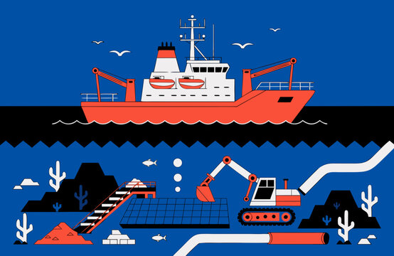 Deep sea mining operation with industrial vessel and underwater excavation equipment, conceptual illustration of seabed resource extraction, marine industry, technology and environmental impact