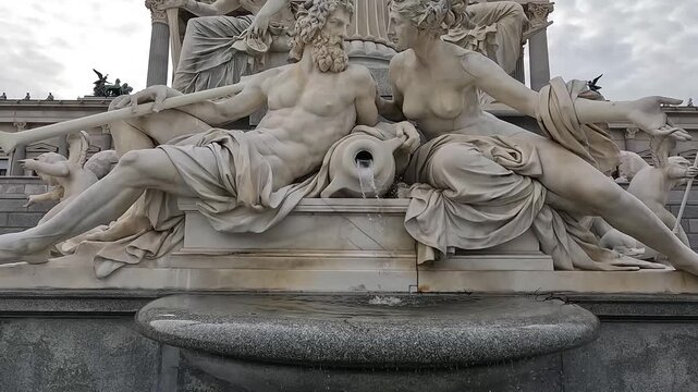 Detail of allegorical marble sculptures at the Pallas Athene fountain in front of Austrian Parliament, Vienna