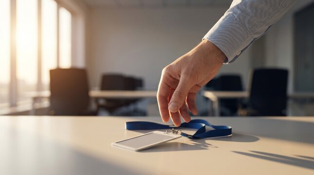 Hand Placing Corporate ID Badge Lanyard on Office Desk in Sunlit Workspace