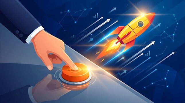 Executive hand launching rocket with rising data arrows for startup growth marketing