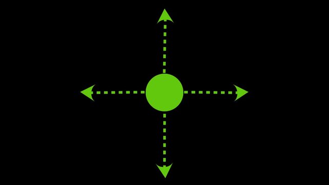 Green dashed arrows point outward in four directions from a central circle. This graphic design element illustrates multi-directional expansion and navigation on a black background. 4k video