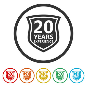 Twenty years experience Shield icon. Set icons in color circle buttons