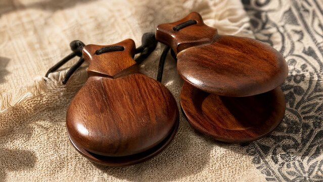 staccato. Polished wooden castanets resting on textured fabric, one slightly raised, warm side lighting. event programs, museum guides, designed for cultural heritage projects and event programs.