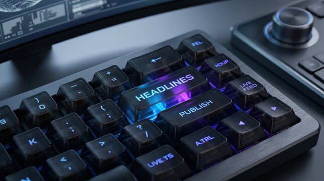 Close up of illuminated keyboard keys with headlines and publish text for media content creation, journalism news editing and broadcasting workflow concept in studio environment