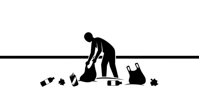Person cleaning up litter from the ground signifies environmental awareness and waste management efforts to promote community sustainability and ecological responsibility in a clear visual format.