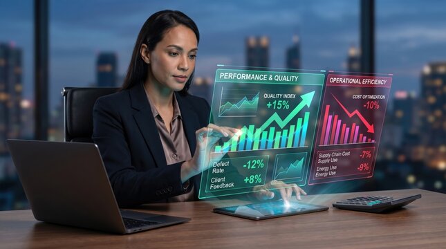 Female executive analyzing holographic performance quality dashboard on desk