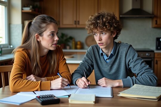 &ldquo;Aunt and Nephew Engage in a Thoughtful Conversation About University Costs at a Cozy Kitchen Table Surrounded by Books and a Calculator&rdquo;