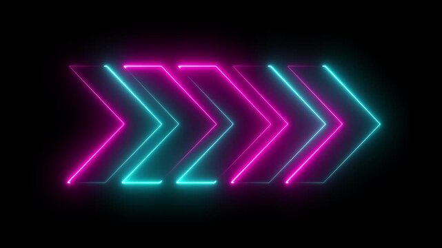 Neon arrow animation black background. Right direction rendering. neon arrow sign animation. Neon arrows with shining effects, highlights on a black background.