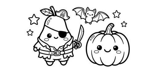 Fototapeta premium Cute Pear Pirate Halloween Coloring Page