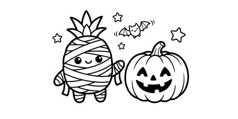 Fototapeta premium Chibi Pineapple Mummy Black and White Line Art
