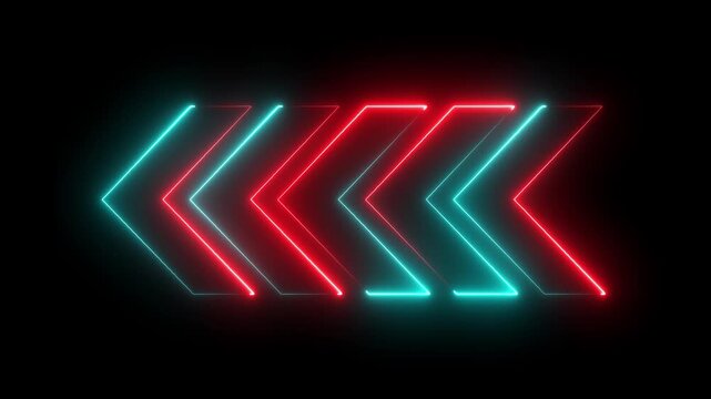 Neon arrow animation black background. Left direction rendering. neon arrow sign animation. Neon arrows with shining effects, highlights on a black background.