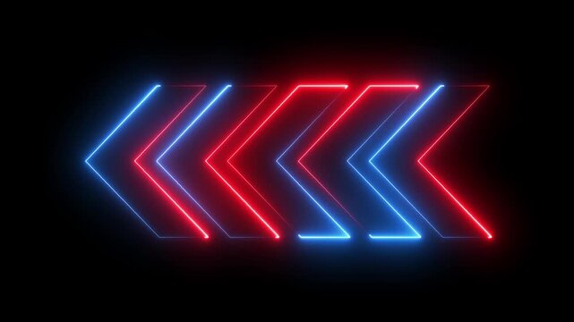 Neon arrow animation black background. Left direction rendering. neon arrow sign animation. Neon arrows with shining effects, highlights on a black background.