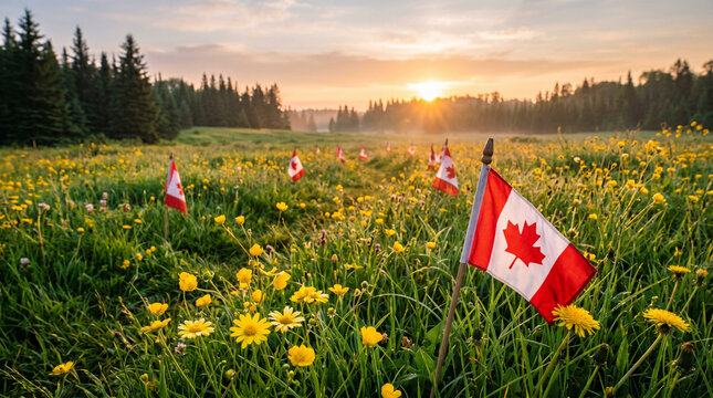 Small Canadian flags placed in a meadow of yellow wildflowers at sunset.