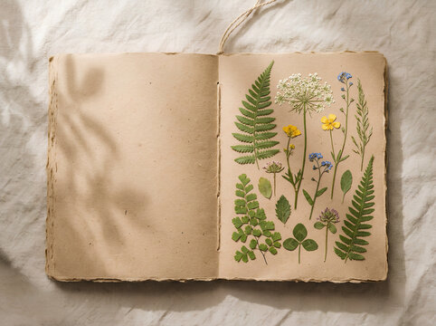 Natural Herbarium Journal with Pressed Plants on Textured Linen