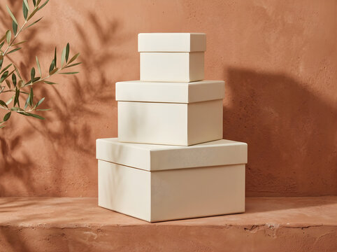 Minimalist Cream Boxes Stacked on Terracotta with Olive Branch Shadows