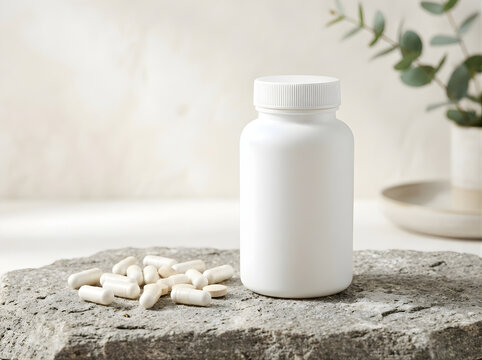 Minimalist White Supplement Bottle and Capsules on Natural Stone Surface