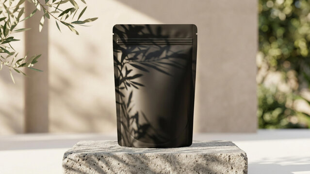 Black Stand-Up Pouch Packaging Mockup on Concrete Pedestal with Plant Shadows