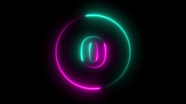 Neon glowing countdown timer 5 second animation. Circle countdown timer 5 sec animation on black background. 5 second countdown timer animation with neon number text. 5 to 0 with interesting circle.
