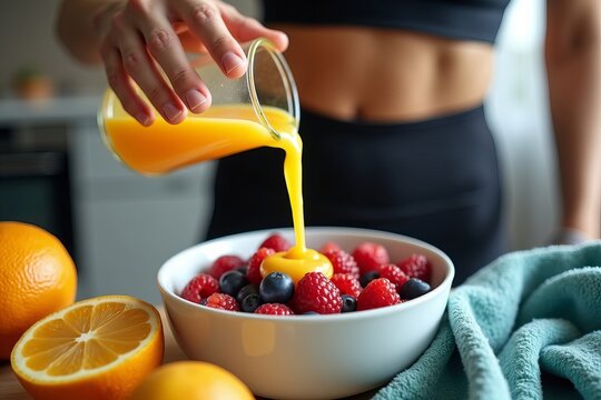 Vibrant Athlete Drizzling Fresh Citrus Juice over a Berry Bowl Amidst Workout Gear and Towels, Exuding Dynamic Health and Energy.