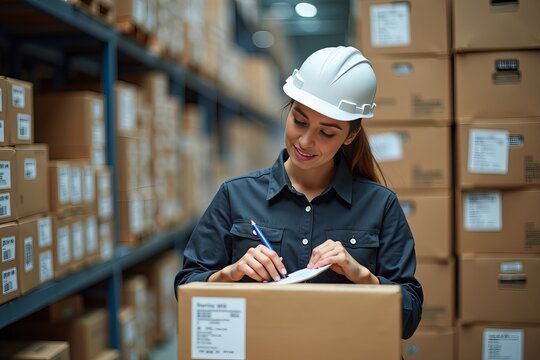 Spotlight on Quality Control: A Warehouse Worker Diligently Examining a Returned Item Amidst Neatly Arranged Boxes and Labels