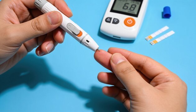 Close-up of hands using a blood glucose meter and test strips for diabetes monitoring on a blue surface.