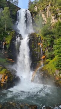 A breathtaking, majestic waterfall cascades down a lush, moss-covered rocky cliffside, creating a vibrant, mist-filled pool below while a soft rainbow forms within the cool spr waterfall in the forest