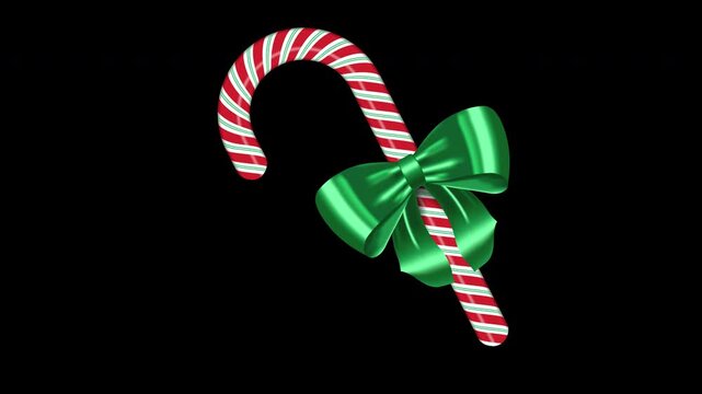 Red and white striped candy cane with bow animation. Realistic candy cane. Sweet stick for new year. Decoration sugar lollipop. 4K animation. Transparent background with alpha channel