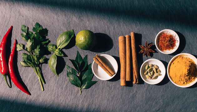 Fresh ingredients flat lay composition with vegetables spices and herbs on grey background