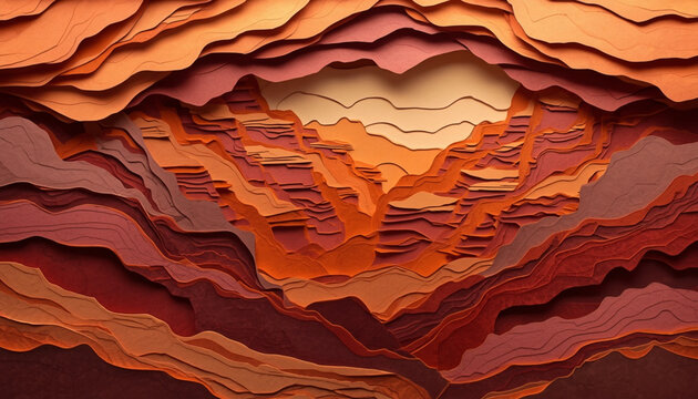 Paper cut canyon landscape with layered orange and brown waves