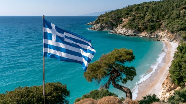 Greece flag flying over samos island beach