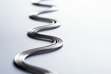 Fototapeta premium Minimalist silver wire forms wavy path across plain light surface. Clean, simple elegant line creating calm peaceful abstract background. Modern design element.