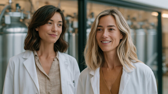Fertility nurse practitioner escorting a woman through a cryopreservation laboratory, rows of storage dewars visible through a glass partition, the patient's expression shifting