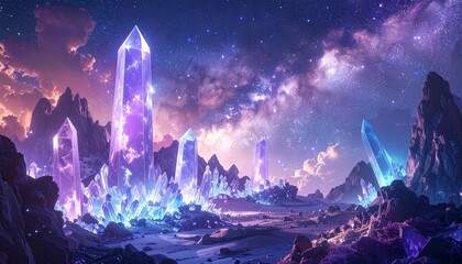 Fototapeta premium Celestial crystal landscape beneath star filled night sky with luminous gemstones and galaxy colors