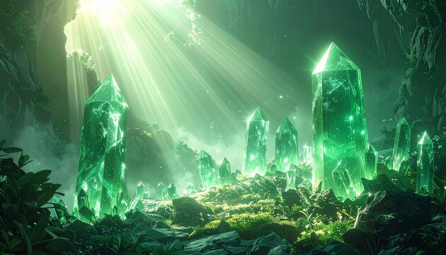 Emerald crystal landscape with glowing green gemstones and magical light rays