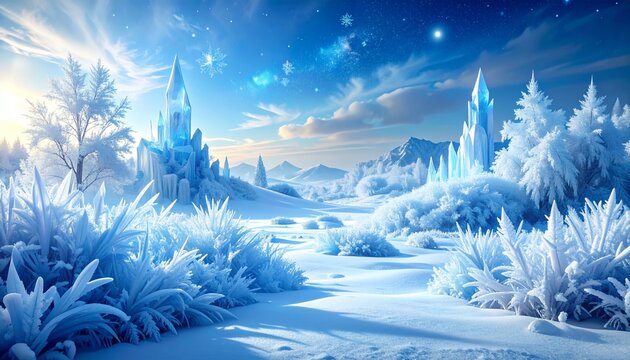 Frozen winter crystal landscape with ice castles, snowflakes and icy blue tones