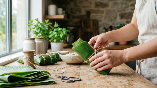 Sustainable Production Scenes: Hands Tying Banana Leaf Wrapped Food Packages in a Rustic Kitchen Setting