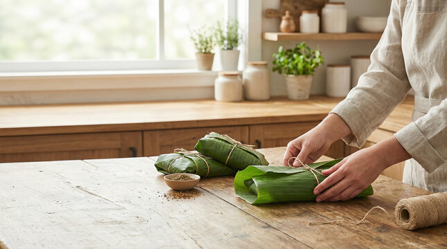 Sustainable Production Scenes: Hands wrapping food in fresh banana leaves for eco-friendly preservation and natural packaging on a rustic wooden ki...