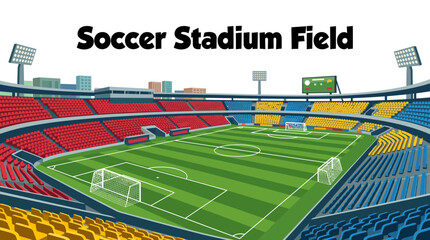 soccer stadium field with professional grass pitch and empty stands, modern sports facility prepared for competitive matches and athletic events, detailed outdoor arena design © Ethan