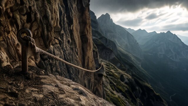 A single safety rope secured at a cliff edge against rocky terrain with dramatic light.
