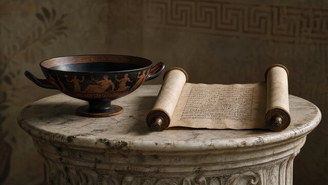 A classical kylix cup and an open scroll on a weathered marble pedestal.