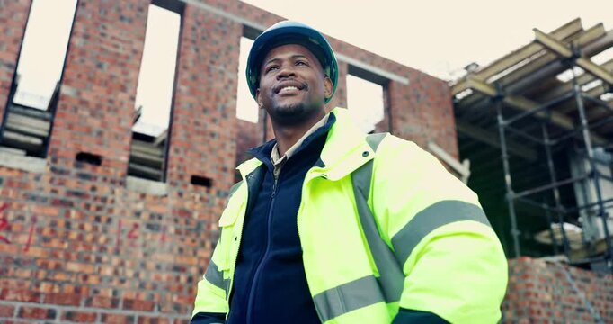 Construction, man and happy with site inspection for compliance, progress and building approval. Architect, black person and property evaluation for structural integrity, quality control or low angle