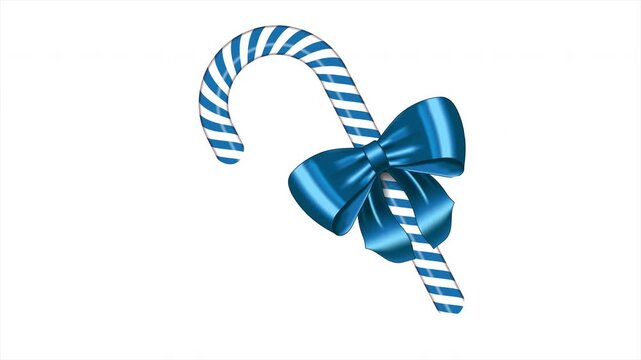 Blue and white striped candy cane with bow animation. Realistic candy cane. Sweet stick for new year. Decoration sugar lollipop. 4K animation