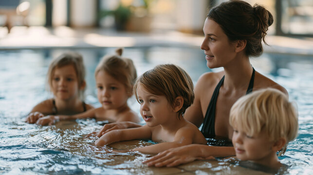 Group swimming lesson with a single instructor managing five children at the pool wall, one child refusing to let go, first swimming lesson group fear dynamic, indoor pool