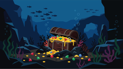 Fototapeta premium Sunken pirate treasure chest deep underwater illustration. Flat design gold coins and gems vector background. Mysterious dark ocean floor scenery.