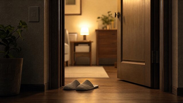 An open doorway with slippers on wooden floor, soft interior light.