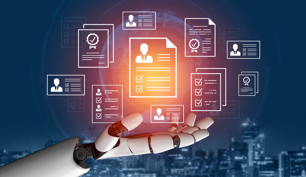 Futuristic Robot Hand Holding Digital Resumes and Job Application Files in a High-Tech Urban Environment with Glow Effects. Entropy.