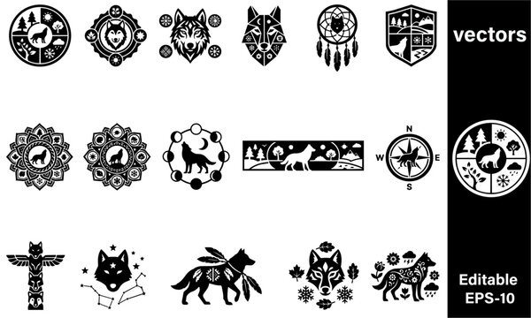 Collection of black and white wolf silhouettes and designs with various patterns and symbols like mandalas dreamcatchers and totem poles on transparent background
