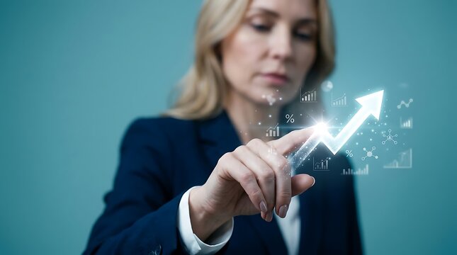 Businesswoman touching glowing growth arrow hologram for financial consulting marketing
