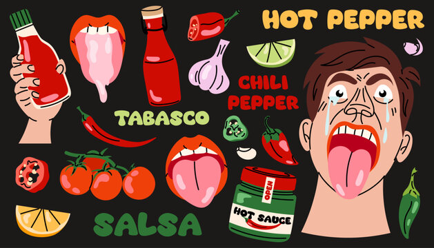 Hot pepper and spicy food set with chili peppers, hot sauce, tabasco bottle, tongue, crying man and spicy ingredients. Set spicy food and lettering.