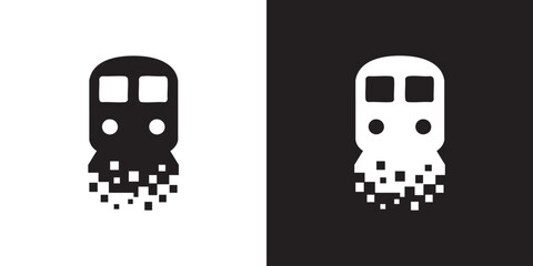 Train Front Silhouette Pixelated Dissolution with Windshields and Headlights in Black and White Minimalist Style - Modern Transit Locomotive Speed Symbol, Abstract Railway Digital Fragmentation © Arolicon